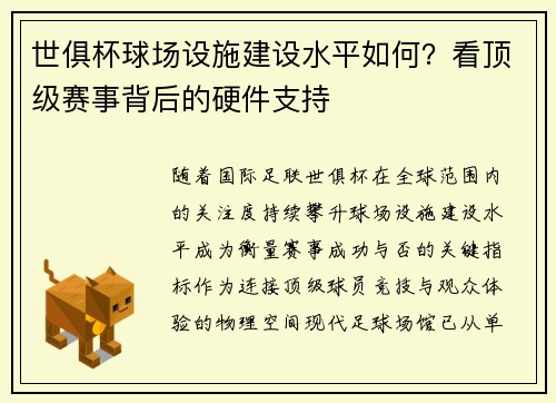 世俱杯球场设施建设水平如何？看顶级赛事背后的硬件支持